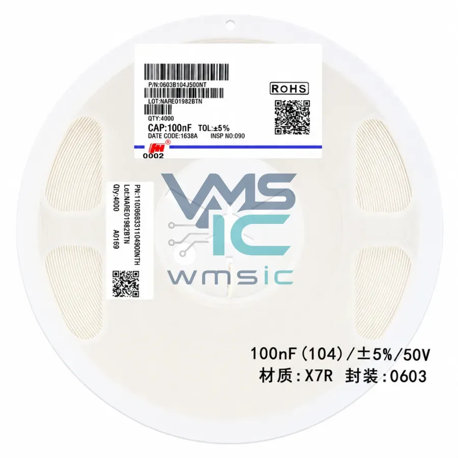 0603 SMD Capacitor 100nF 104 50V+/ 5% X7R 0603B104J500NT 100 Pcs 0603B104J500NT Package