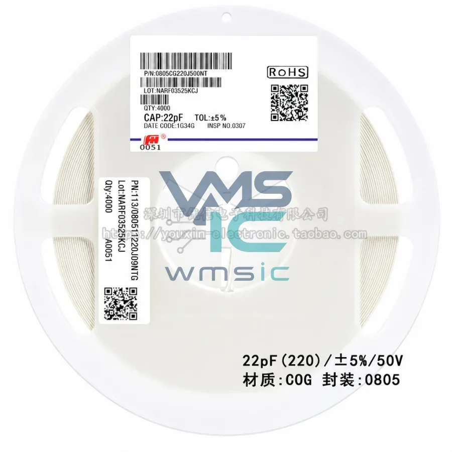 0805 SMD Capacitor 22pF 50V C0G+/ 5% 0805CG220J500NT 50PCS 0805CG220J500NT Package